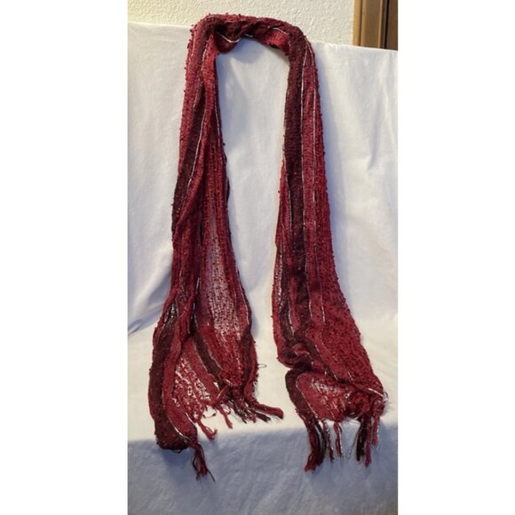 Statement Scarf Burgundy Mesh Knit with Shimmering Silver and Fringe 75" x 20" - Picture 8 of 8